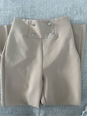 Zara Sand High-Waist Sailor-Front Trousers